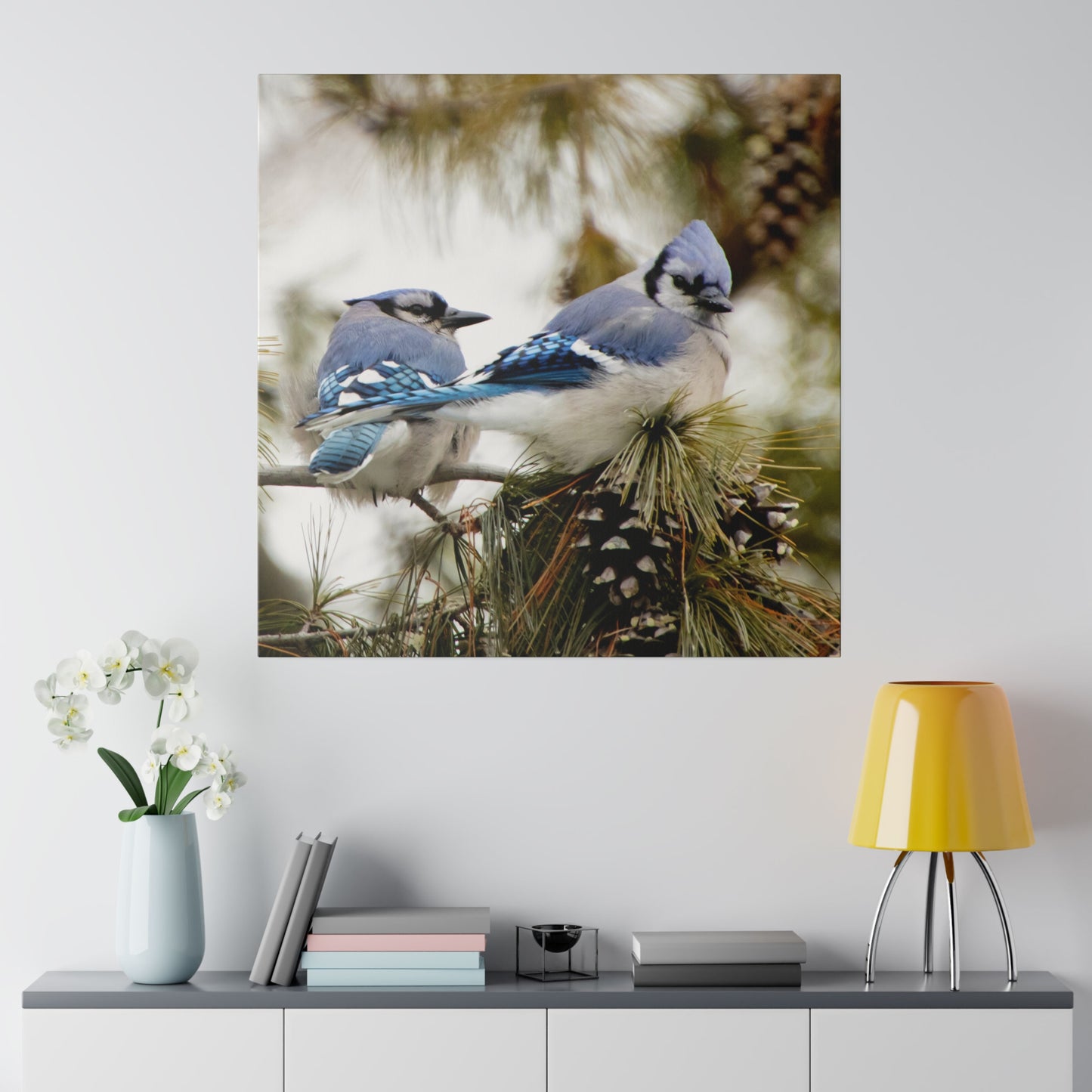 Loyal Companions: Blue Jay Couple on Canvas various sizes