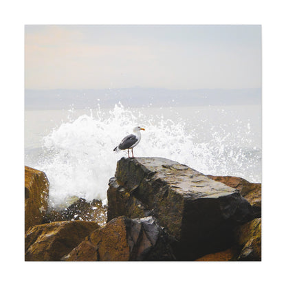 "Waves of Tranquility" Matte Canvas of a Seagull Watching the Wave Crash In