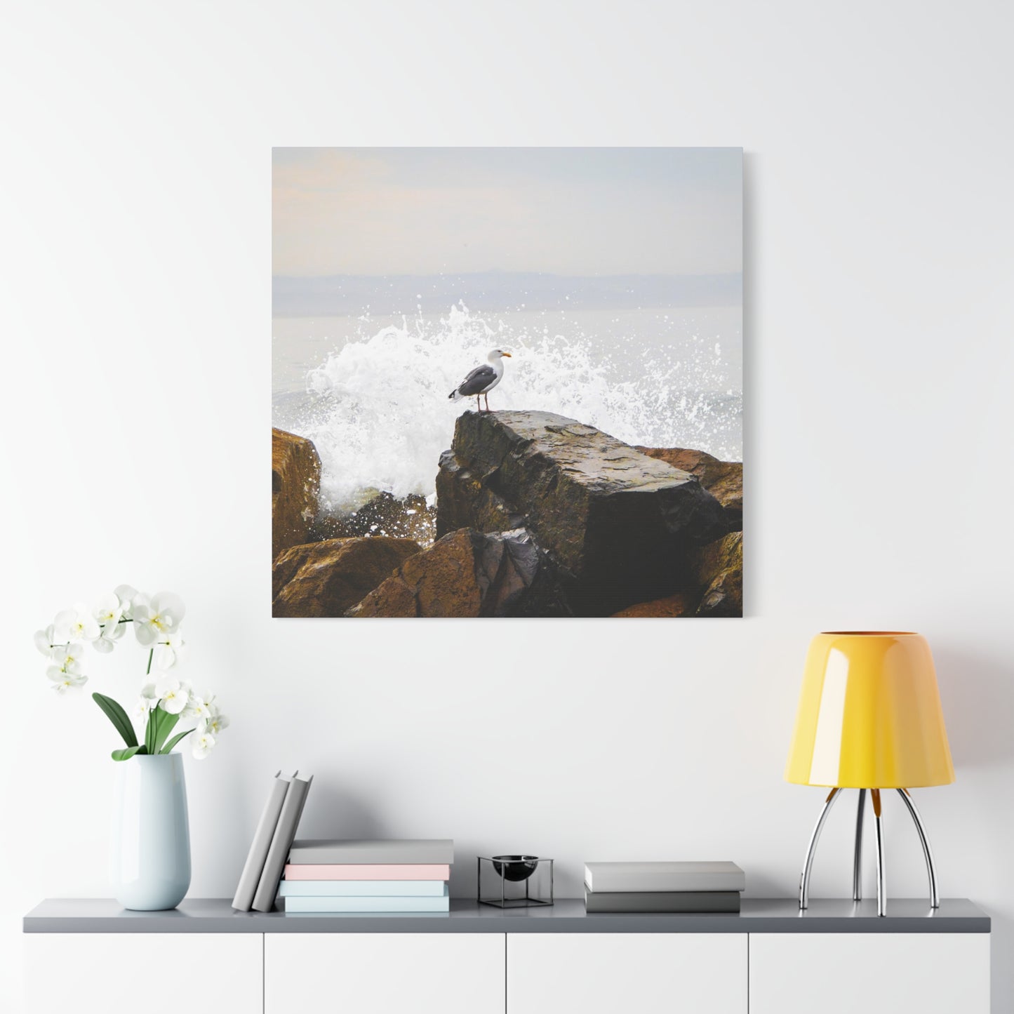 "Waves of Tranquility" Matte Canvas of a Seagull Watching the Wave Crash In